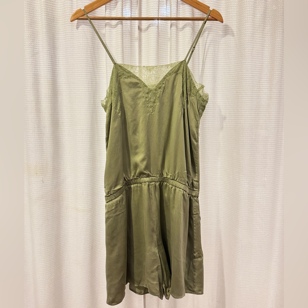 Genuine Silk Green Short Sleeve Romper Cami NYC Light Olive Luxury